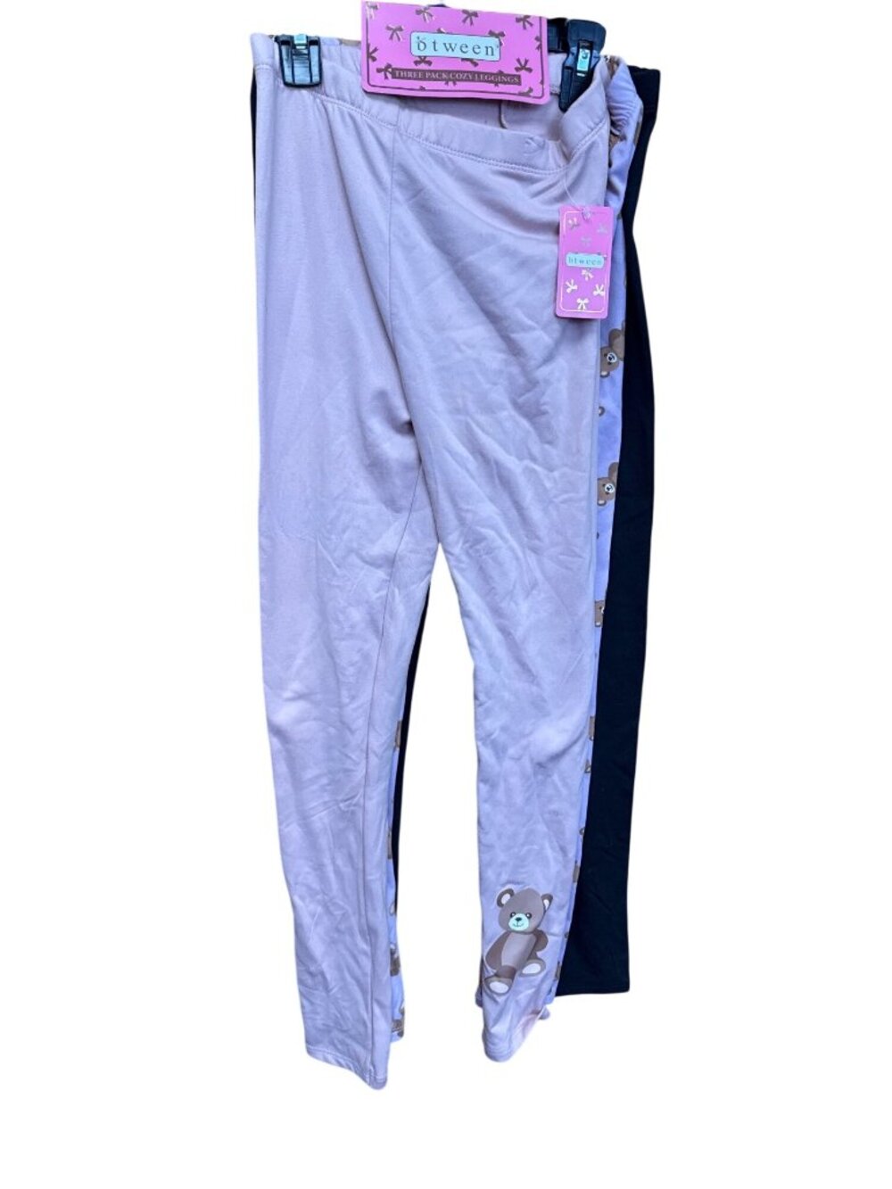 Btween Girls Three-Pack Cozy Leggings With Teddy Bear Print & Solid Colors Size